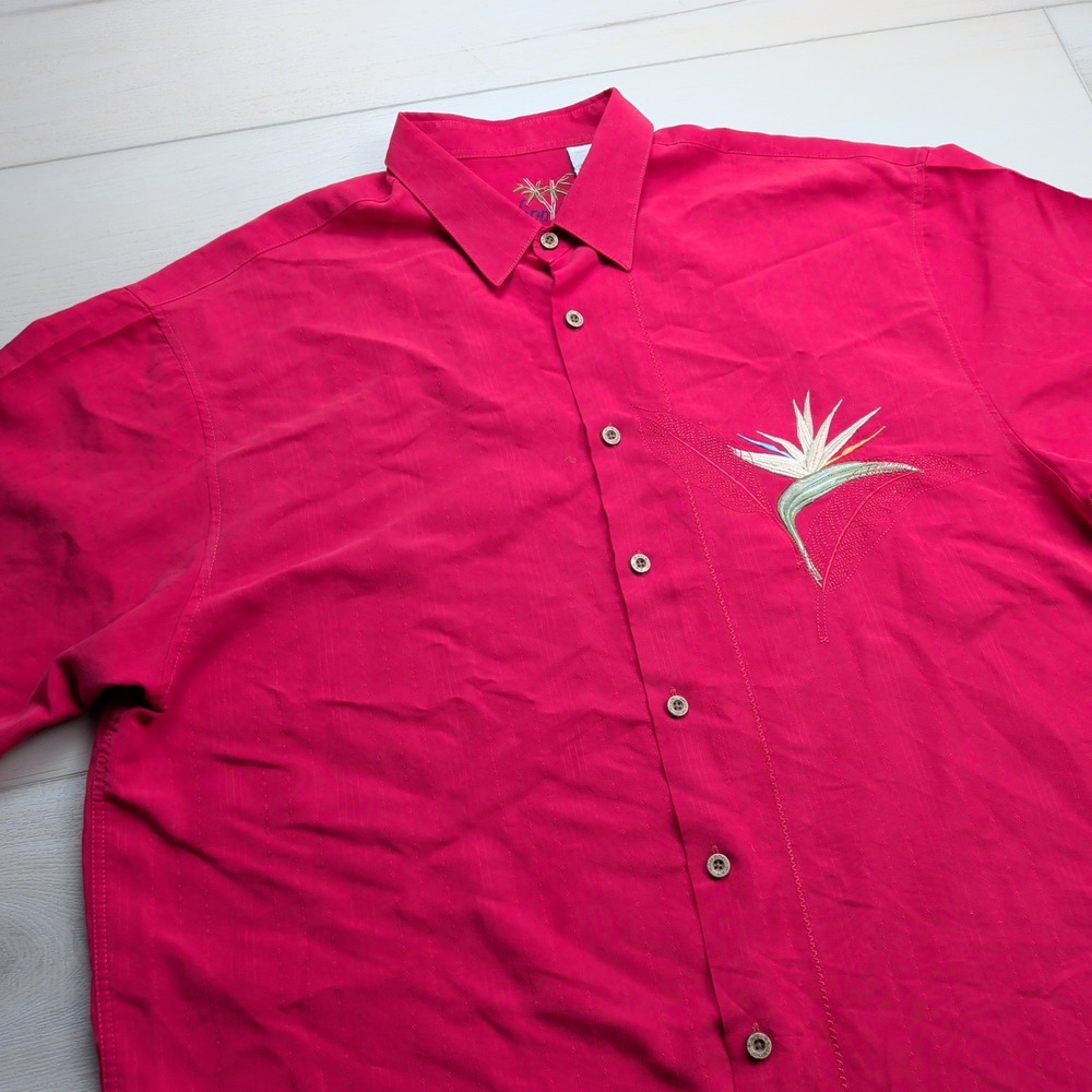 Bamboo Cay Shirt Mens XL Red Bird of Paradise Embroidered Short Sleeve Button Up